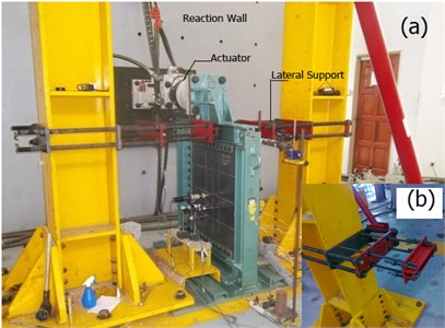 a) test setup and lateral support system, b) lateral support detail