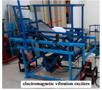 a) Photo of the composite vibrating screen and b) schematic showing the CAD model:  1 – vibration motor; 2 – screen surface; 3 – screen box; 4 – translation isolation springs; 5 – composite isolation springs; 6 – electromagnetic vibration exciters; 7 – support frame; 8 – base frame;  9 – collection bin; 10 – vibration motors mounting frame; 11 – vibration motors