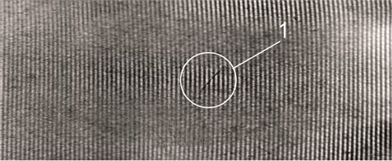 The first eigenmode of partially biodegradable LDPE3 film (with tear defect)  (vibration frequency 128 Hz, amplitude 2×10-6m); 1 – tear defect