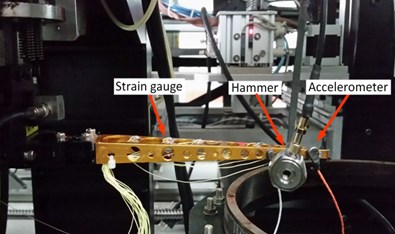 Experimental setup: a) strain gauges placement, b) accelerometers placement