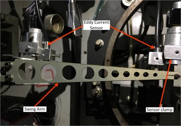 a) LED chip sorting machine sorting arm, b) Eddy current sensor arrangement