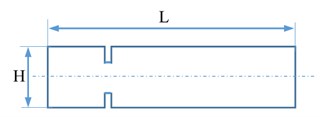 The basic dimensions of the sample. L= 180 mm – length of the sample,  H= 25 mm – the width of the sample; g= 2 mm – thickness