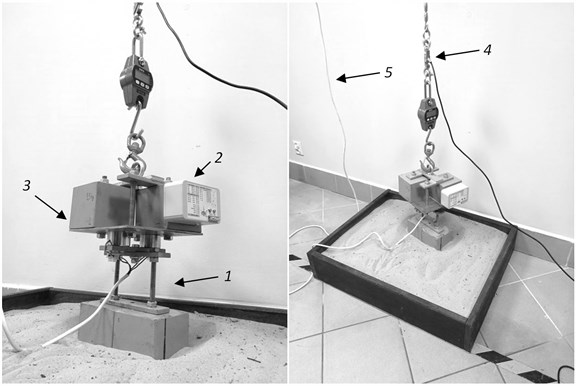 Test stand and measurement nodes location, 1 – electromagnetic gripper  with the load to drop, 2 – node for measuring the acceleration of the cargo,  3 – cargo, 4 – S load type cell, 5 – power source for the electromagnetic gripper