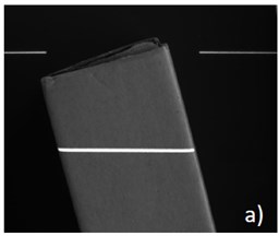 Grayscale image of the cuboid cardboard box with the laser profile (a), laser line profile after thresholding operation (b) [1]