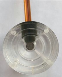 a) schematic depiction of electrochemical transducer,  b) photograph of tube with the electrochemical transducer