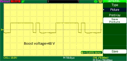 Boost voltage waveform of DOBB converter: a) simulation, b) experimental waveform PWM pulses across the switch S1 in boost mode