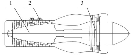 The structure diagram of the turboprop engine. 1-10 – stage axial compressor;  2 – relief valve, 3-3 – stage axial flow reaction turbine