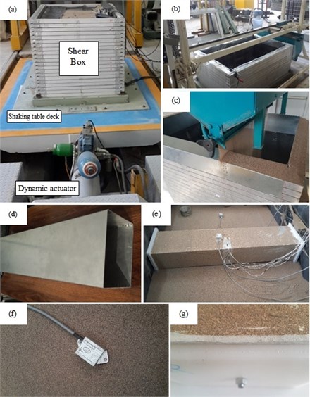 a) University of Tabriz shaking Table, b) shear box and sand pluviation device, c) sand pouring,  d) aluminum tunnel model, e) model preparation, f) 0.01 g accelerometer, g) Teflon plate and EPE foam