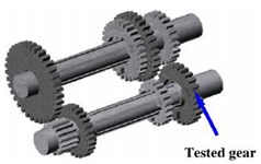 a) test rig, b) schematic of the gearbox, c) accelerometer location,  d) broken teeth defect, e) worn teeth defect, f) worn model defect
