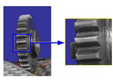 a) test rig, b) schematic of the gearbox, c) accelerometer location,  d) broken teeth defect, e) worn teeth defect, f) worn model defect