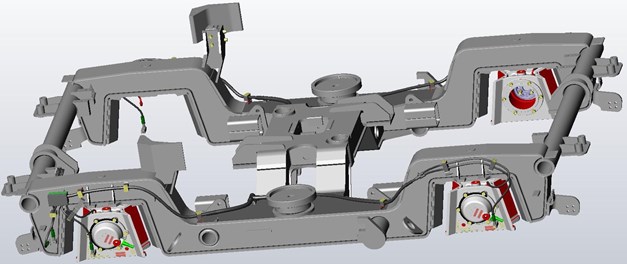 Accelerometers location on driving bogie. Source: monitoring of technical state  of construction and evaluation of its lifespan – MONIT project archives