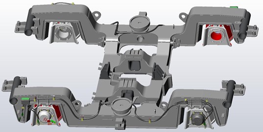 Accelerometers location on rolling bogie. Source: monitoring of technical state  of construction and evaluation of its lifespan – MONIT project archives