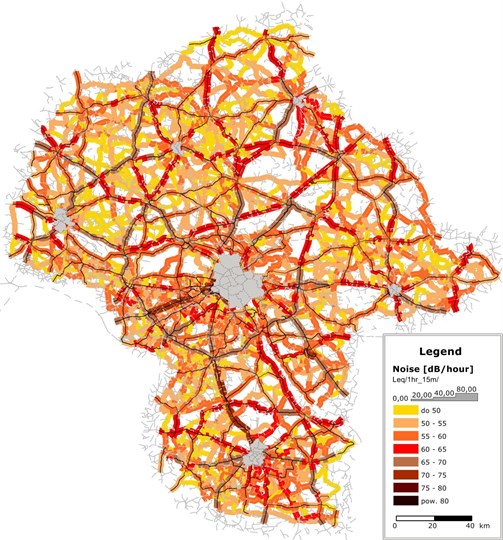 Noise emission along the suburban segments of the Mazowieckie voivodeship  road network in 2016 during morning peak