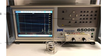 The example of setup for impedance analysis: 1 – Wayne Kerr 6500B impedance analyzer,  2 – piezoelectric deflector of the magnetic sphere