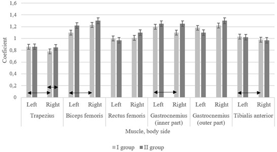 Data of muscle elasticity (logarithmic decrement of damped oscillations) in groups of women;  ↔ – statistically significant difference comparing the results between both sides  of the body and between the groups