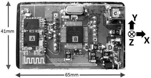 Top view and dimensions of KACC. Main components such as Bluetooth Module (A), microcontroller (B), mini-USB connector (C) and recharge circuitry (D) are visible from the top view. Accelerometer board is embedded on the rear side of the PCB and thus not visible from top view
