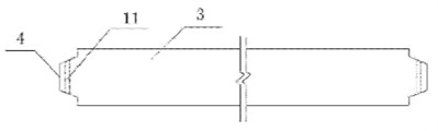 Diagram of assembled frame beam column with vertical joints: 1 – precast column; 2 – bracket;  3 – precast beam; 4 – Protrusion; 5 – groove; 6 – bracket bolt hole; 7 – bolt; 8 – bolt backing plate;  9 – nut; 10 – bonding layer; 11 – bolt hold of precast beam)