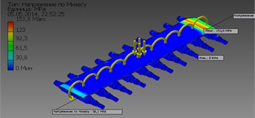 The pattern of the distribution of equivalent stresses a) and deformations b) in rollers during  the transportation of strips in a roller conveyor with lower air pressure