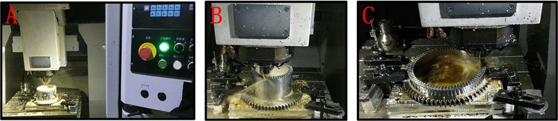 Milling machining: a) of level 1 face gear sample, b) of level 2 face gear sample,  c) of level 3 face gear sample