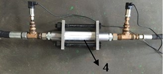 Experimental devices of SEC and DTETC: 1 – union joints, 2 – pressure sensors,  3 – inserted tubes, 4 – expansion chamber cavity