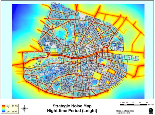 Strategic noise map for the night-time period (Lnight) in Dublin, Ireland  (source from Murphy and King, 2011 [58], Fig. 2; reprinted with permission from Elsevier)