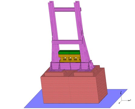A FEM model of the second experiment-demolition equipment  with a 150 mm layer of orthotropic material