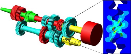Gearbox concept and gear mesh Von Mises stress distribution for one gear pair