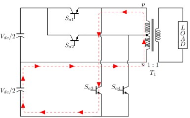 Working principle of the proposed topology: a) path for output voltage =+Vdc/2, b) path for  output voltage =+Vdc/4, c) path for output voltage =-Vdc/2, d) path for output voltage =-Vdc/4