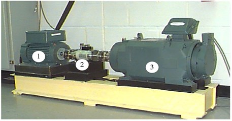 Bearing experiment rig: (1) – motor, (2) – torque transducer, (3) – dynamometer