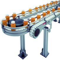 a) Sliding chain conveyor system in action (source: Bosch Rexroth), its profile with slide rails,  b) sliding chain, c) chain wheel with sliding chain