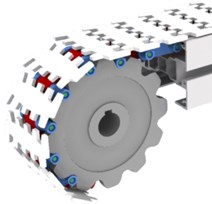 a) Sliding chain conveyor system in action (source: Bosch Rexroth), its profile with slide rails,  b) sliding chain, c) chain wheel with sliding chain