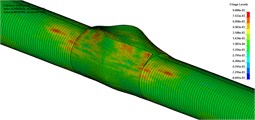 The deformation and damage of steel pipeline at  typical moment and analysis compared with experimental results