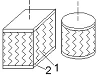Schemes of typical elastomeric shock absorbers:  a) solid, b) blocks of TRME; 1 – elastomer, 2 – rigid plate