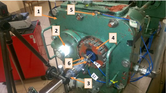 Back-to-back test stand: 1 – tested gearbox; 2 – axis of drive gear (z2); 3 – stationary axis of driven gear (z1); 4 – eccentric bushing of bearing (Z1); 5 – sensor measuring vibration acceleration of the transmission housing at the point K; 6 – sensors measuring vibration acceleration of axis  in a direction parallel to the action of the lateral force Fo (designation O1Z_FO)  and parallel to the action of the radial force Fr (designation O1Z_FR)