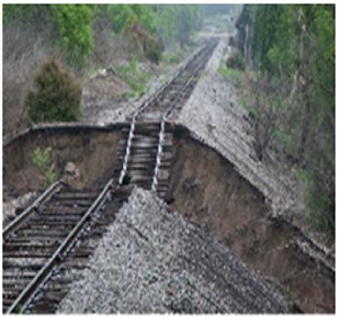 Failures of: a) saturated railway embankment in 2011,  b) mud pumping under dynamic train loads in UK
