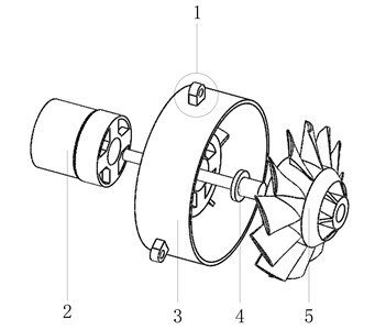 Structure and dynamic model of leaf blower power system where:  1 – bolt hole, 2 – motor, 3 – collector, 4 – shaft, 5 – fan