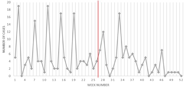 Weekly prevalence of AAFib. Two periods of the year is separated by the red line