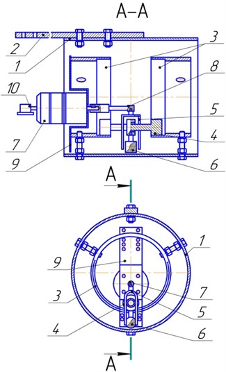 The design of the experimental stand of the planetary vibration exciter: 1 – body;  2 – strain girder; 3 – treadmill; 4 – inertial slider; 5 – drove; 6 – pendulum anti-skid device;  7 – the engine; 8 – drive shaft sleeve; 9 – engine mounting panel