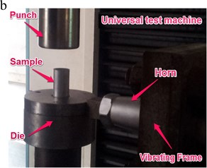 Vibrating extrusion of thin-walled tube with filler. a) Schematic of the experiment setup;  b) photograph of the experiment setup