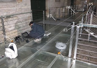 On-site experiments: test setup for:  a) main entrance platform (S-E series), b) the central nave (S-CN series)
