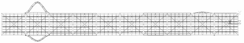 FEM of the truss bridge with local mode-shapes of the diagonal members (the 1st tensioned)