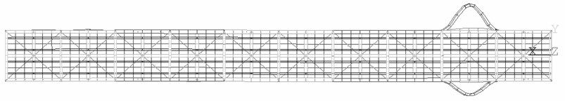 FEM of the truss bridge with local mode-shapes of the diagonal members (the 1st tensioned)