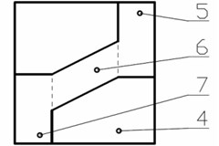 Concept of vibroprotection metamaterial with internal structure that provides quasi-zero rigidity.  1, 2 – elastic layers, 3 – inner layer; 4 – placeholder; 5 – top supporting wall of single cell;  6 – inclined wall of single cell; 7 – upper supporting wall of one cell