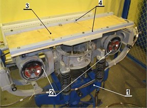 Experimental setup (1 – vibration stand, 2 – unbalanced exciters, 3 – plate, 4 – stiffeners)