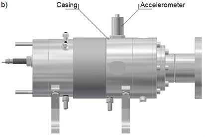 a) The prototypical microturbine installed on the test rig and b) its model showing where an accelerometer was mounted (1 – microturbine, 2 – turbine inlet, 3 – turbine outlet, 4 – bearing 1 inlet,  5 – bearing 2 inlet, 6 – horizontal accelerometer, 7 – vertical accelerometer, 8 – pressure sensor)
