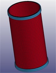 Four numerical simulation model diagrams cylindrical shell with  flange radial length of 1 cm, 3 cm, 5 cm and 7 cm
