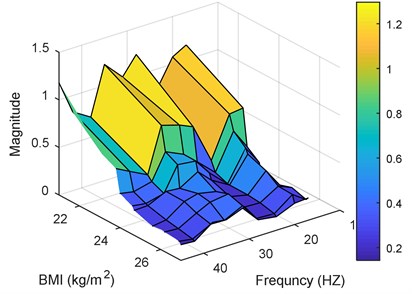 Performance for the 3rd posture versus BMIs and frequencies: a) magnitude, b) phase