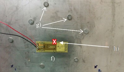 a) The experimental setup: a) power amplifier, b) digital signal analyzer, c) laser point vibrometer, d) laser controller, e) thin plate on a simply-supported frame. b) Closed-up image of a section  of the thin plate to show the attachment of the f) PZT patch actuator, g) distributed point  masses and h) point of measurement