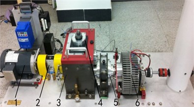 Fault simulation test rig of a multistage gear transmission system:  1 – motor, 2 – torque sensor and encoder, 3 – two stage fixed-axis gearbox,  4 – radial load of bearing, 5 – one stage planetary gearbox, 6 – brake