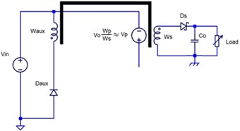Equivalent stage circuits. Vaux – auxiliary winding voltage during non-conducting condition,  Vp – primary winding voltage during non-conducting condition,  Vo – output voltage, Vc – clamp capacitor voltage